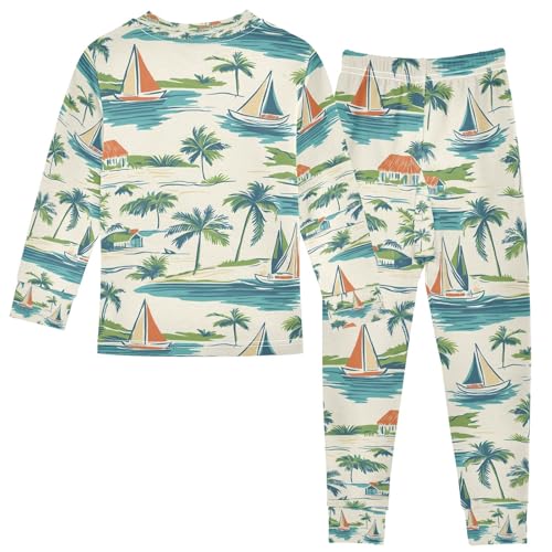 senya Palm Trees Sailboat House Pajamas Set Long Sleeve Soft Cotton Sleepwear 2 Piece2