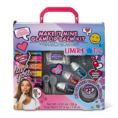 Limited Too DIY Glam Lip Balm Kit Making Kit for Girls - Includes 5 Lip Balm Containers, 5 Sticker Label, 3 Fruity Flavors, 1 Measuring Spoon, 1 Measuring Cup, 1 Pot of Wax and 1 Bag of Wax Chips