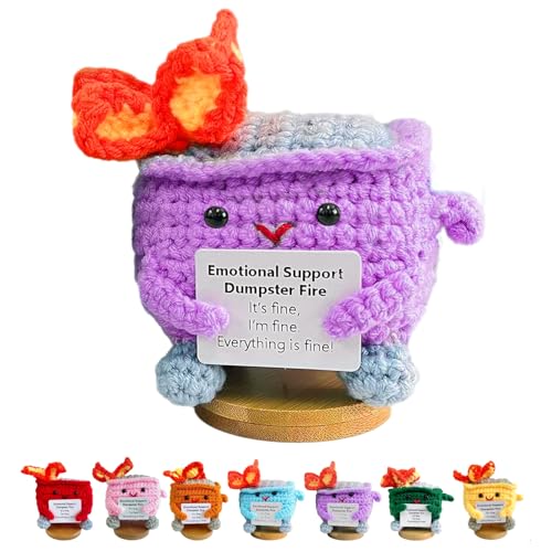 Image of Emotional Support Dumpster Fire - Positive Crochet Birthday Easter Basket Stuffers Essentials Gift for Women Men Girls Coworker Friend, Handmade Knitted Doll for Home Office Accessories Decor (Purple)