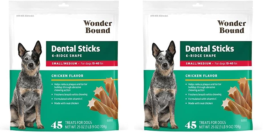 Image of Amazon Brand - Wonder Bound Chicken Flavor Dental Sticks for Small /Medium Dogs (15-40 lbs), 6-Ridge Shape for Plaque & Tartar Control, Freshens Breath, Made with Real Chicken, 45 Count (Pack of 2)