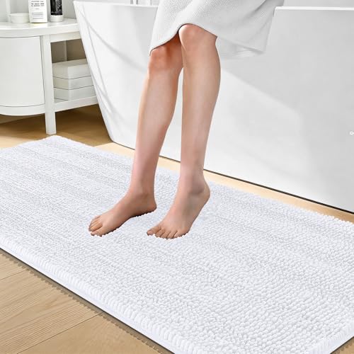 Image of OLANLY Thick Bathroom Runner Rugs 70x24, Absorbent Chenille Striped Bath Rugs, Rubber Backing, Machine Wash Dry, Extra Long Bath Mats for Bathroom Floor, Tub and Shower, Home Decor Accessories, White