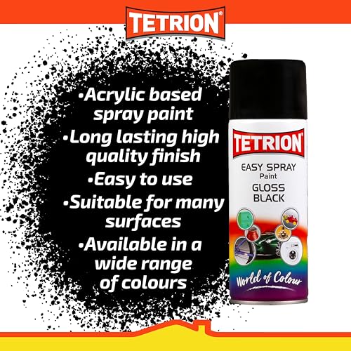 Image of Tetrion Easy Spray Paint - Gloss Black 400ml - All-Purpose Fast Drying Acrylic Spray for Wood, Metal, Plastic, Ceramic & More, Smooth Base Coat - Indoor & Outdoor Use, 13.5 Oz