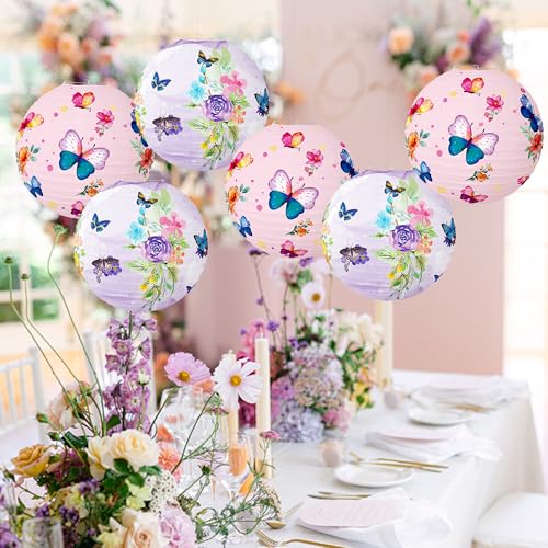 Image of Butterfly Paper Lanterns Butterfly Hanging Decorations Round Pink Paper Lanterns Ceiling Decorations for Birthday Baby Shower Theme Party Supplies Room Decor