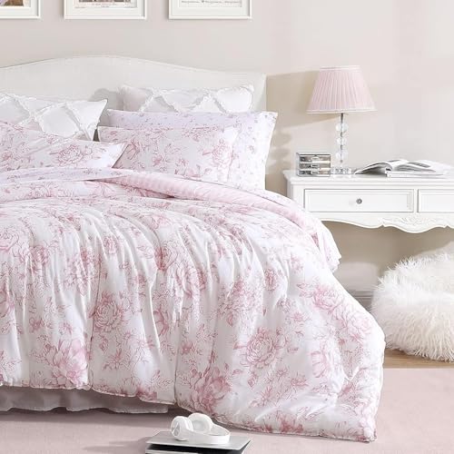 Image of Laura Ashley - Queen Comforter Set, Soft Bedding with Matching Shams, Reversible Floral Room Decor, College Dorm Room Essentials (Delphine Pink)