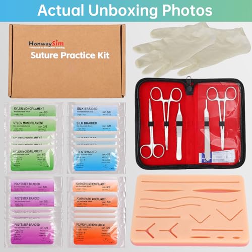 HonwaySim Suture Practice Kit: Complete Suture Kit with Needles, 20 Threads, 14 Pre-Cut Wounds on Silicone Pad, 32 Pieces Total for Medical Students\' Repeated Suture Training - Thumbnail 7