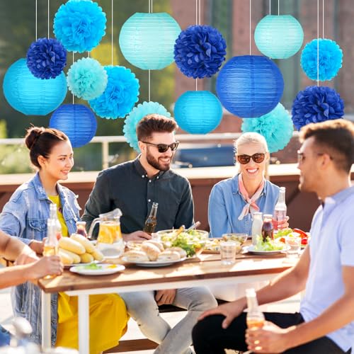 Image of KAXIXI 15-Piece Navy Blue Party Decorations, Pom Poms & Honeycomb Balls