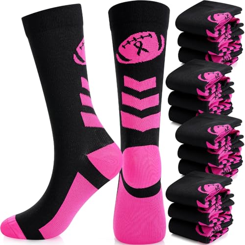 12 Pairs Breast Cancer Awareness Crew Socks Bulk Pink Ribbon Accessories Athletic Volleyball Soccer Socks for Youth