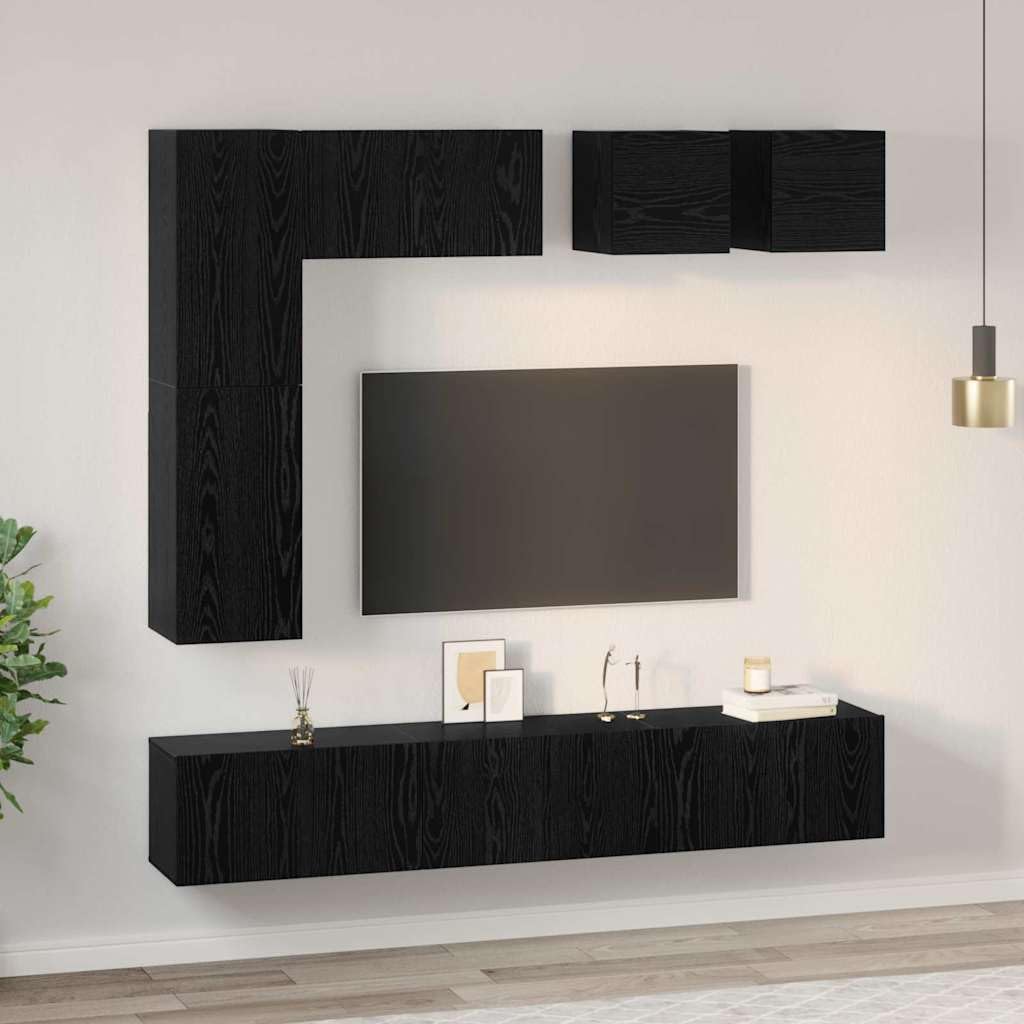 Ensemble Meuble TV Mural 8 pièces en Bois d'ingénierie chêne Noir avec Portes, étagères et Rangement, Design Moderne scandinave pour Salon séjour Chambre, Support Console Buffet Angle