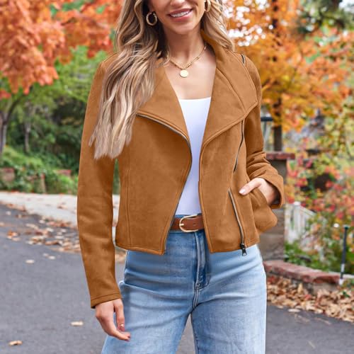 Suede Jacket Women Casual Zipper Cropped Outwear Long Sleeve Moto Biker Jacket Coats With Pockets Fall Clothes2