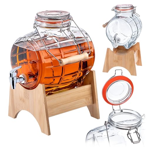 KADAX Fass 5L mit Hahn, fassförmiger Getränkespender aus Glas, Fass mit Zapfhahn, transparenter Spender mit Holzuntersatz, Alkoholspender ideal für Whisky, Brandy, Säfte (Modell 1) KADAX Fass 5L mit Hahn, fassförmiger Getränkespender aus Glas, Fass mit Zapfhahn, transparenter Spender mit Holzuntersatz, Alkoholspender ideal für Whisky, Brandy, Säfte (Modell 1)