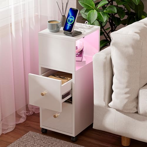 Ztexkee Mesitas de Noche Estrecha con Enchufe y Barra de luz LED, Mesa Auxiliar Estrecha con Ruedas Alta mesita de Noche con 2 cajones y 2 estantes para Dormitorio, salón, Blanco - imagen 8