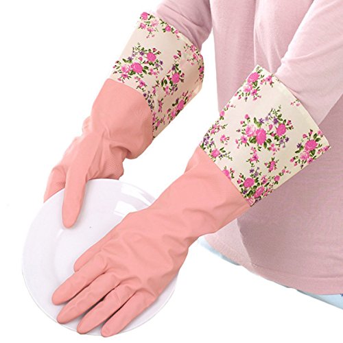 Preisvergleich Produktbild TININNA Neu Blumen Muster wasserdichte Gummihandschuh Haushaltshandschuhe Kautschuk Handschuhe Geschirrspülen Handschuhe Küche Reinigung Handschuhe EINWEG Verpackung