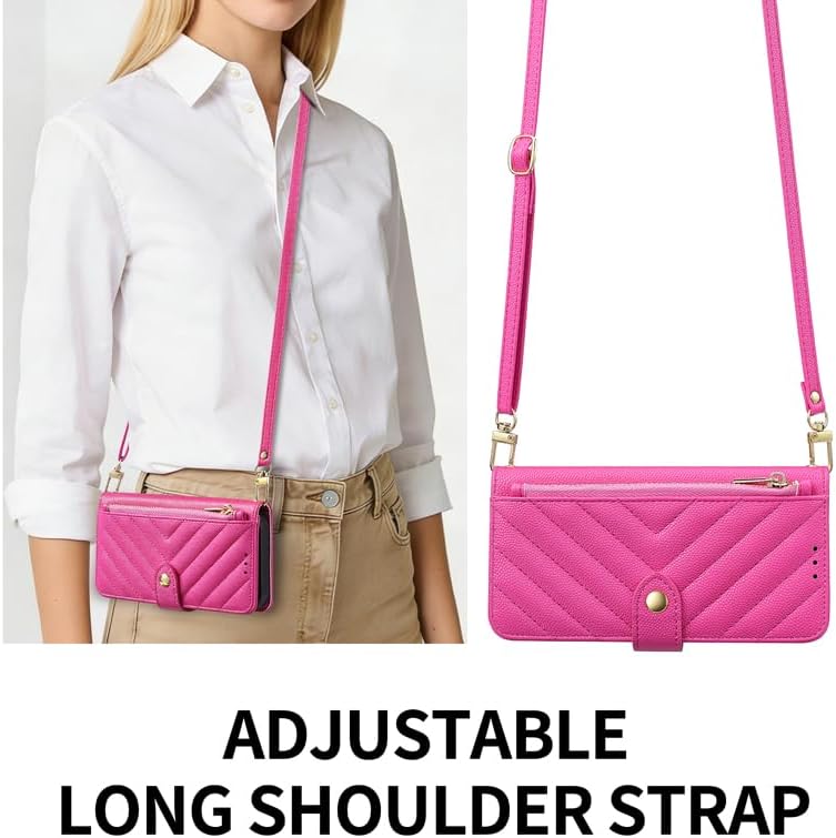 Designed for Samsung Galaxy S26 Ultra case V-Quilted Leather Crossbody Wallet with Card Slots Zipper Pocket Kickstand Wrist Strap & Adjustable Shoulder Strap - Hot Pink