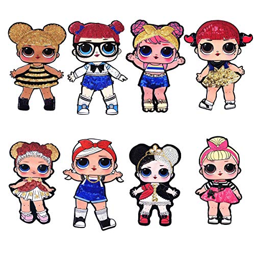 TOXYU 8pcs Cartoon Surprise Doll Patch 7.9inch Cute Girl Applique Embroidered Patches Appliques for Clothes, Backpacks, DIY Iron on Sequined Patch