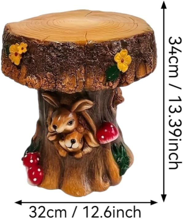 Whimsical Tree Stump Garden Stool — Mushroom & Squirrel Carved Resin Stump Seat, 12.6 in Plant Stand, Weather-Resistant Outdoor/Indoor Foot Stool, Small Side Table, Garden Decor (Tree Stump 2)