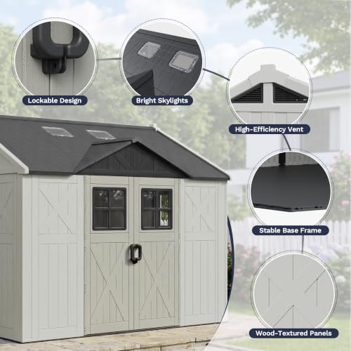 Image of Greesum 10x10FT Resin Outdoor Storage Shed with Three-Sided Doors, Beige
