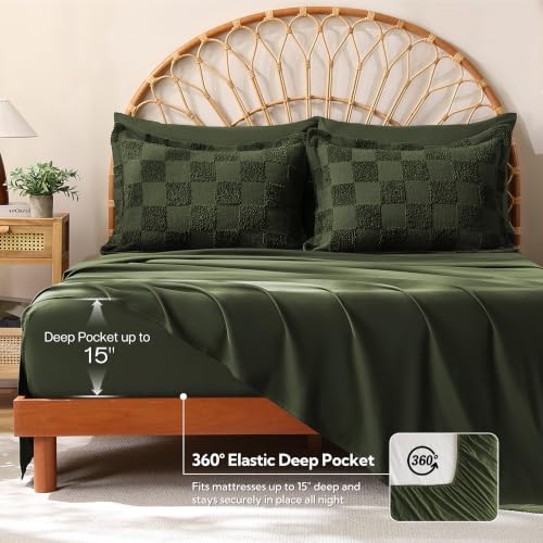 Image of MR&HM King Comforter Set 7 Pieces, Checkered Boho Bed Set Dark Olive Green | Farmhouse Vintage Bed with Plaid Geometric Design, All-Season Bed in A Bag Comforter with Sheets, Pillow Shams & Pillowcases