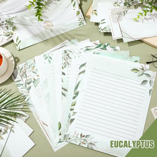 Image of TaoBary 160 Pcs Stationery Paper Set 50 Double Sided Stationery Papers with 50 Matching Envelopes and 60 Round Dot Sticker, 10 Design(Green Leaves,8.5 x 11 Inch)