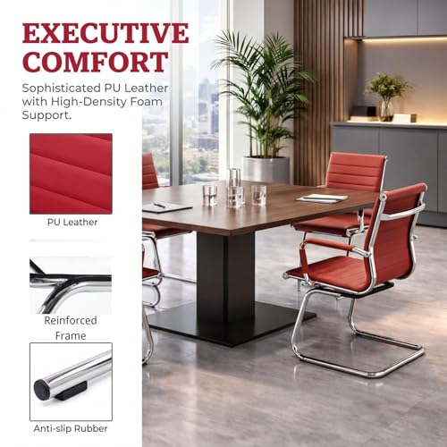 Image of Office Desk Chair Set of 4,No Wheels PU Leather Computer Chairs Mid Back Guest Chairs with Seld Base for School /Reception /Conference /Waiting Room, Burgundy Red
