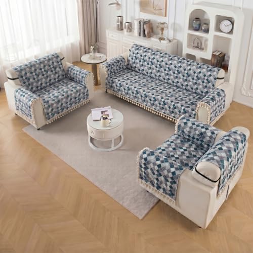Image of Story@Home Velvet Sofa Cover 5 Seater Fully Covered | Sofa Cover 3 1 1 Seater Full Set - Sofa Mat with Sofa Back Covers and ArmRest Covers | Specially Designed for 3+1+1 Configuration - Grey & Cyan