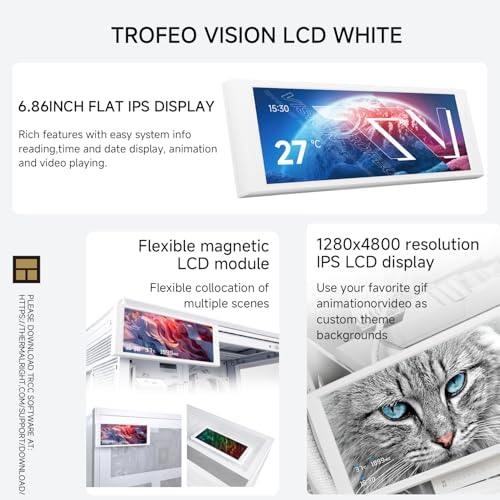 Image of Thermalright Trofeo Vision LCD White Edition Case Sub-Display Features a 6.86-inch Full-Color LCD Screen (1280x480 Resolution) with Magnetic Panel Design. Supports DIY Dynamic /Static Images (White).