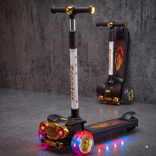 Image of Baybee Twirlo Baby Kick Scooters for Kids with 3 Height Adjustment | Foldable Skating Scooter with Foot Brake | Kids Scooter with RGB Lights & Music | Runner Scooters for Kid 2-10 Years (Black)