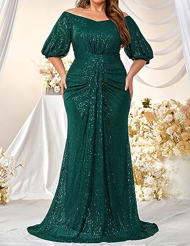 Image of Madam Uniq Women Plus Size Short Sleeve Sequin 1920s Dress Off Shoulder Maxi Formal Cocktail Wedding Party Evening Gown
