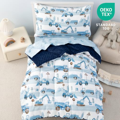 Image of PHF 4 Piece Minky Toddler Bedding Set, Ultra Soft Fluffy Skin-Friendly Soothing Minky Dot Toddler Comforter Set, Unique Pattern Breathable All Season Bedding Set for Boys,Truck