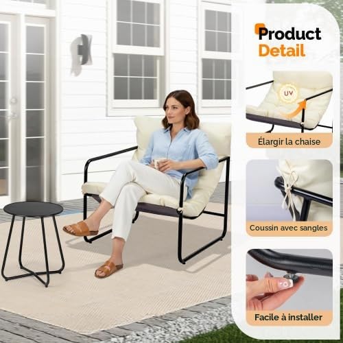 Bonnlo Salon de Jardin Exterieur 2 Personnes, Ensemble Fauteuil Salon et Table Basse, Meuble Exterieur avec Coussin Épais Amovible pour Balcon/Terrasse, Blanc