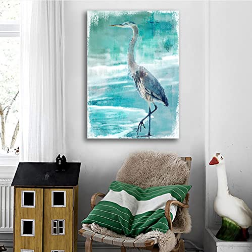 Sea Bird Canvas Wall Art Blue Heron Wall Decor Bird On Beach Canvas Pictures Teal Animal Modern Artwork Prints For Living Room Bedroom Office Kitchen Bathroom Home Decor Ready To Hang 20" X 28" #TOP2