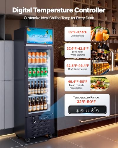 Image of VEVOR Commercial Merchandiser Refrigerator, 6.1 Cu.Ft / 173 L Glass Door Display Refrigerator, Upright Beverage Cooler with Customizable Lightbox, 3 Adjustable Shelves & Soft LED Light for Homes Shops