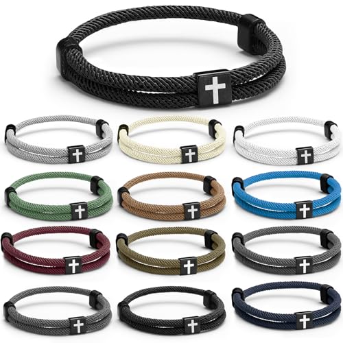 Image of Landical 12 Pcs Braided Cross Bracelet for Men Women Christian Adjustable Rope Jesus Bracelets with Metal Knot Christian Baptism Gifts
