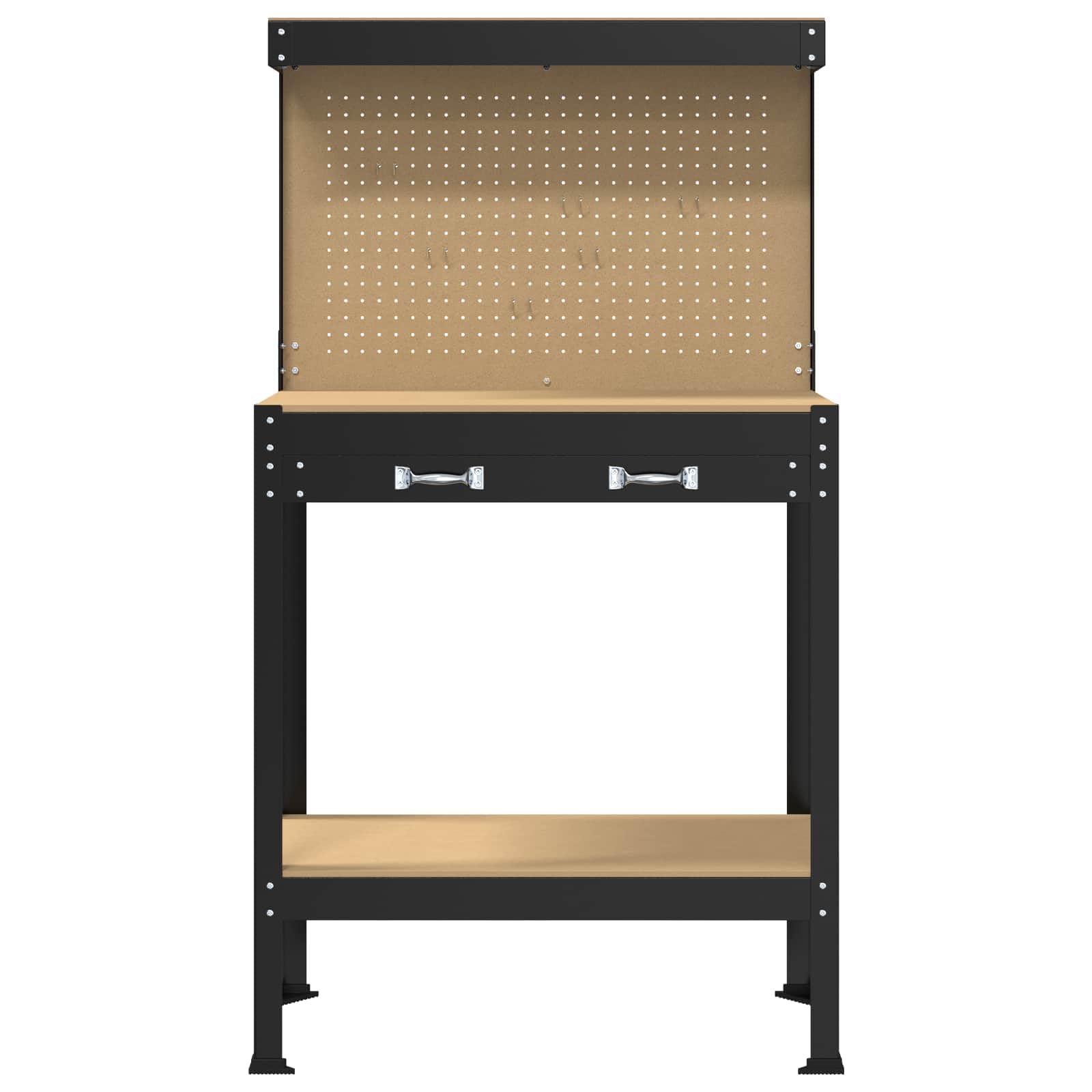 Banco de trabajo industrial con cajones, color negro, 81 x 41 x 145 cm, estructura de madera, estructura de metal, estanterías