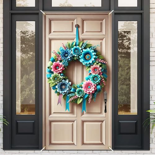 Image of Teal Pink Floral Ring Door Cover 35x71in Spring Bloom