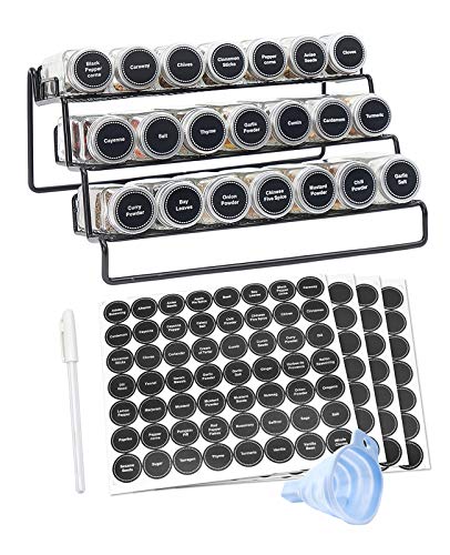 3 Tier Cabinet Spice Rack Organizer with 21 Empty Glass Spice Jars (4oz), 224 Spice Labels, Chalk Marker and Funnel Set, for Pantry, Cupboard or Countertop