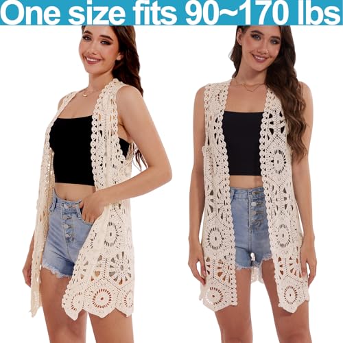 Womens Floral Crochet Lace Boho Trim Sleeveless Open Front Vest Cardigan3