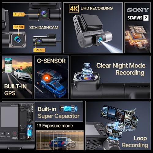 Image of Crossbeats RoadEye DC04 4K Dash Cam for Car | Cabin, Front and Rear 3 Channel Dashcam for car | Sony STARVIS 2 Sensor | Built-in GPS | WiFi | Night Parking Mode |256GB |Smart App 12M Warranty (Black)
