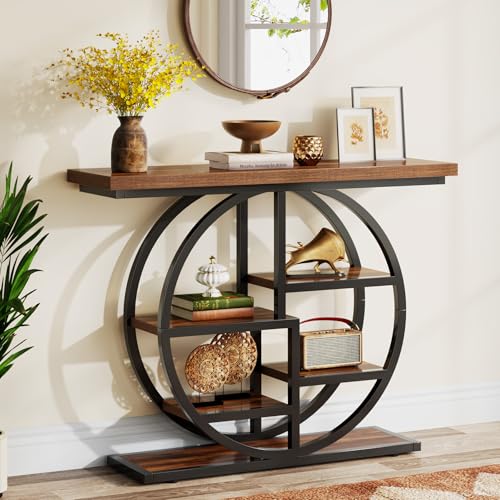Tribesigns Mesa consola, mesa de sofá industrial de 6 niveles de 105 cm, mesa de entrada con base circular, mesas estrechas de madera con estantes de almacenamiento para sala de estar, pasillo,