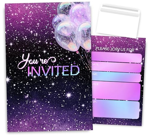 VAVINCI Simple Neon Pink Birthday Invitations for Girl, Purple Birthday Invites for Girls, 30 Sets with Envelopes