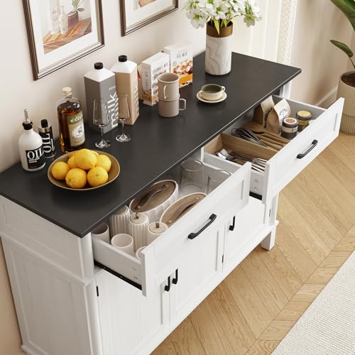 Image of 48 Inches Buffet Cabinet with Storage, Farmhouse Sideboard Buffet w /2 Drawers and 3 Doors, Wood Coffee Bar Cabinet with Adjustable Shelves, Sideboard Storage for Kitchen, Living Room, Off White&Black