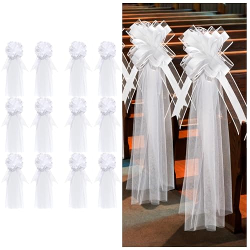 SMTCM Lot de 12 nœuds de mariage avec queues en tulle - Blanc - Long nœud de chaise - Décoration de mariage - Pour fête de mariage