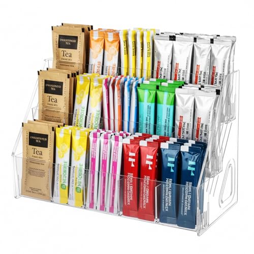 GYSLEOT 3-Tier Acrylic Drink Packet Organizer with 15 Compartments, Sugar Packets Drink Mix Organizer, Water Flavor Packet Holder for Kitchen Pantry Cabinet Storage,Coffee Station