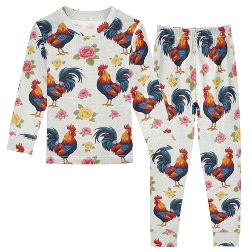 Pajama Sets Long Sleeve Rooster and Roses Pattern Soft Comfy Sleepwear 2 Piece PJS 3-8T
