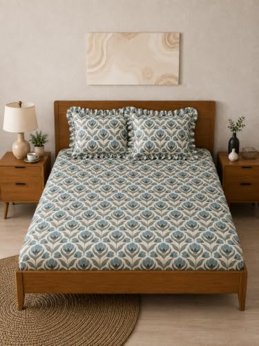 Image of King Size Fitted Bedsheet for Double Bed | 300 TC Cotton Feel Microfiber | All Around Elastic with 2 Frill Pillow Covers | Soft & Durable | (Design5, Fitted - 72 x 78 Inch King)