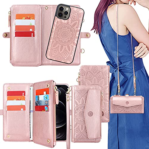 Harryshell [Block Theft Card Scanning] Function, Detachable Magnet Wallet Case Cover Cash Bill Zipper Pocket Crossbody Lanyard Strap For Iphone 12 Pro Max 6.7 Inch (Floral Rose Gold) #TOP5