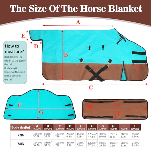 72\" Waterproof Breathable Horse Blanket (No Fill), 600D Oxford Cloth Winter Turnout Rain Sheet with Removable Neck Cover, Windproof Tail Flap and Belly Wrap, Suitable for Stables, Pastures, Paddock - Thumbnail 2