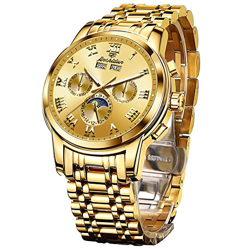 JSDUN Gold Automatic Watches for Men Mechanical Self-winding Moon Phase No Battery Luxury Gifts Set Stainless Steel Bracelet Wristwatch Waterproof Luminous with Day Date Month Year Calendar All Golden