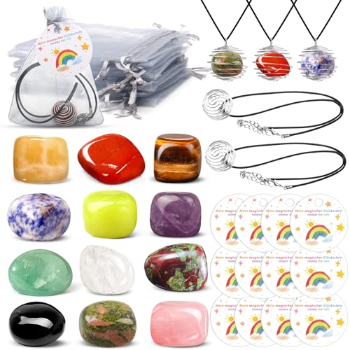 QUOIBLO 12 Glückssteine 12 Lederbänder zum Umhängen und 12 hübsche Säckchen im europäischen Stil ob als Geburtstagsgeschenk Partygeschenk oder Geschenk zum Schulanfang: eine hervorragende Wahl