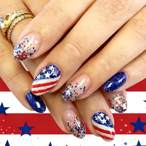 4Th Of July Press On Nails Short Almond Fake Nails Independence Day Flag With Glitter Patriotic Pentagram Sequin Designs Independence Day Nails Press Ons Reusable Acrylic Nails For Wommen Decoration