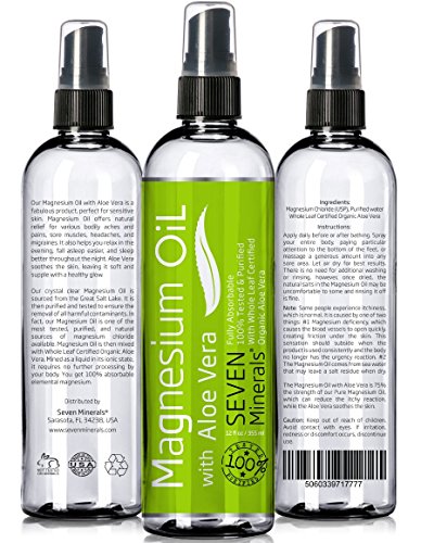 Magnesium Oil with Aloe Vera = Less Itchy Relief for Sensitive Skin - Made in USA - Get Healthy Hair & Skin and Sleep Better - Free Ebook Included (12 fl oz)